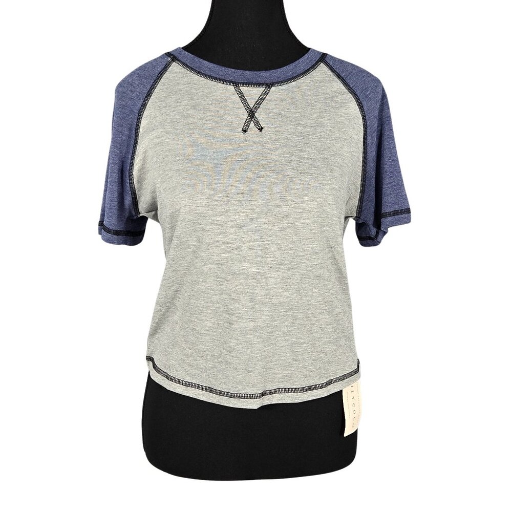 NWT | LILYCOCO Gray & Blue Raglan Sleeve Top | Sporty Contrast Stitch | Size L